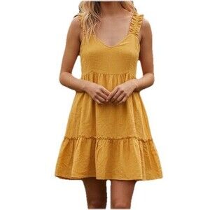 Mustard Yellow Babydoll Mini Dress Ruffle Strap Tiered Cottagecore Women’s M